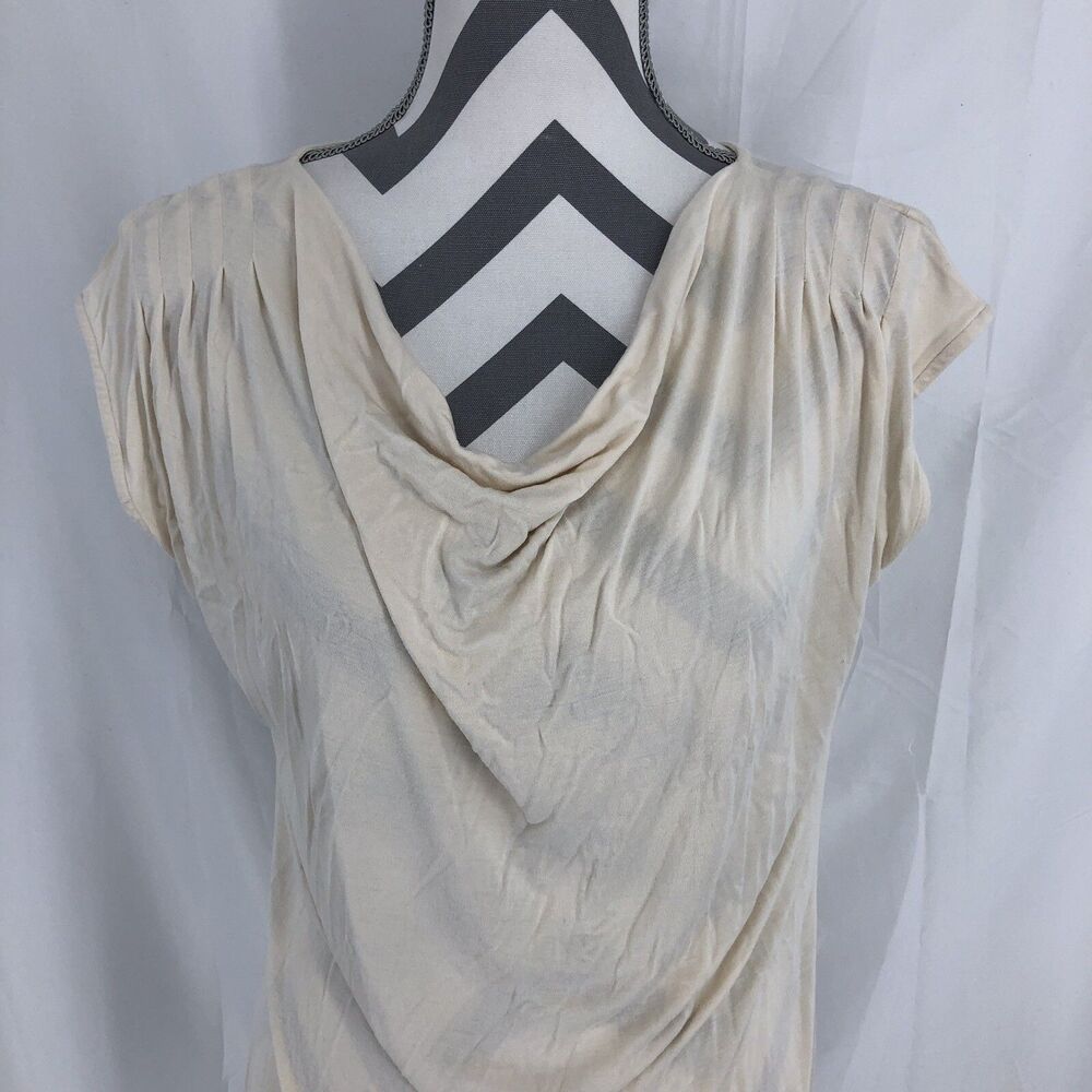 Kische Beige Button Accents Hem Cap Sleeve Drape Neck Tunic Blouse Medium